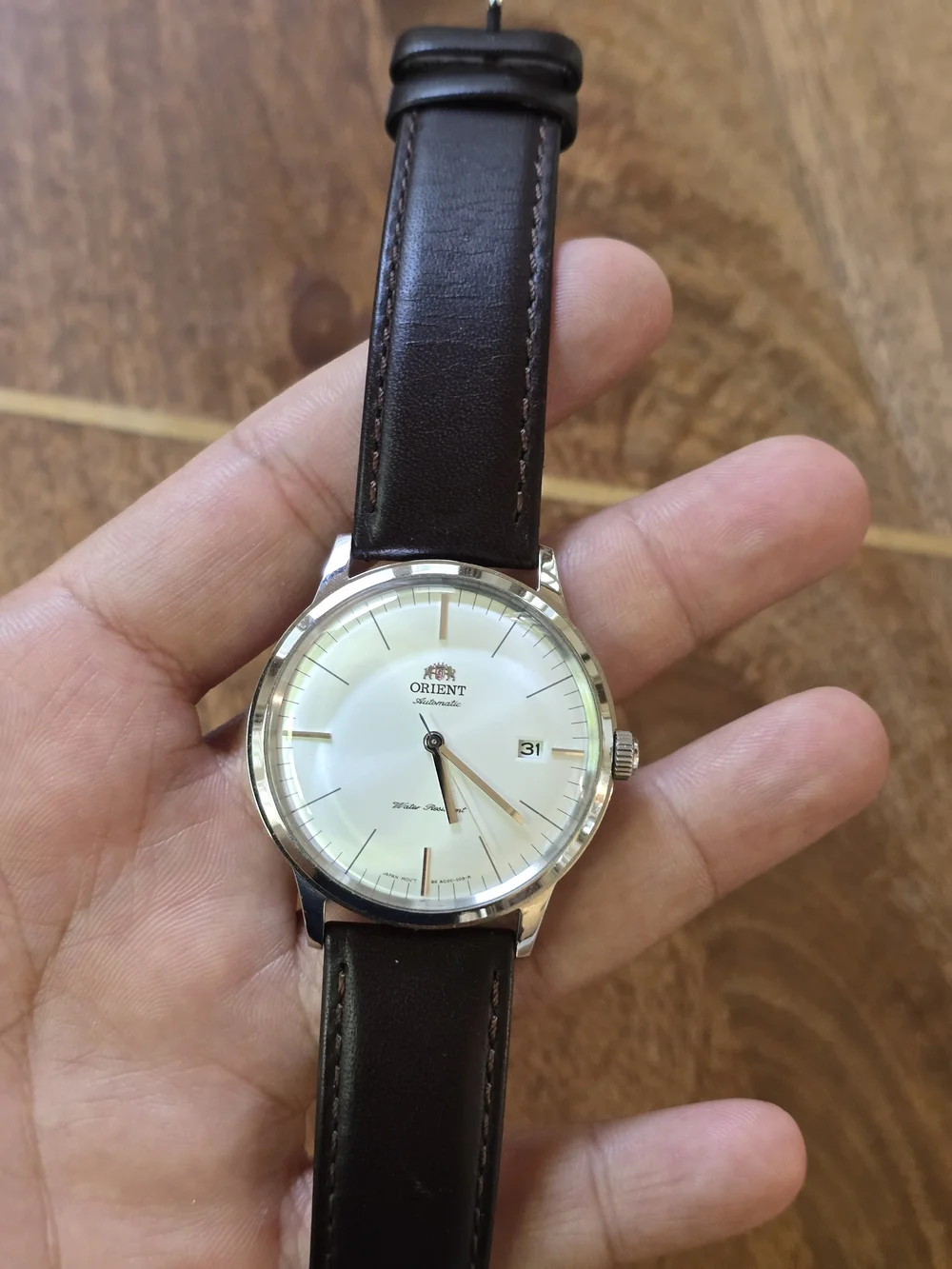 Men's Automatic Watch with Brown Leather Strap and Silver Case Orient Bambino
